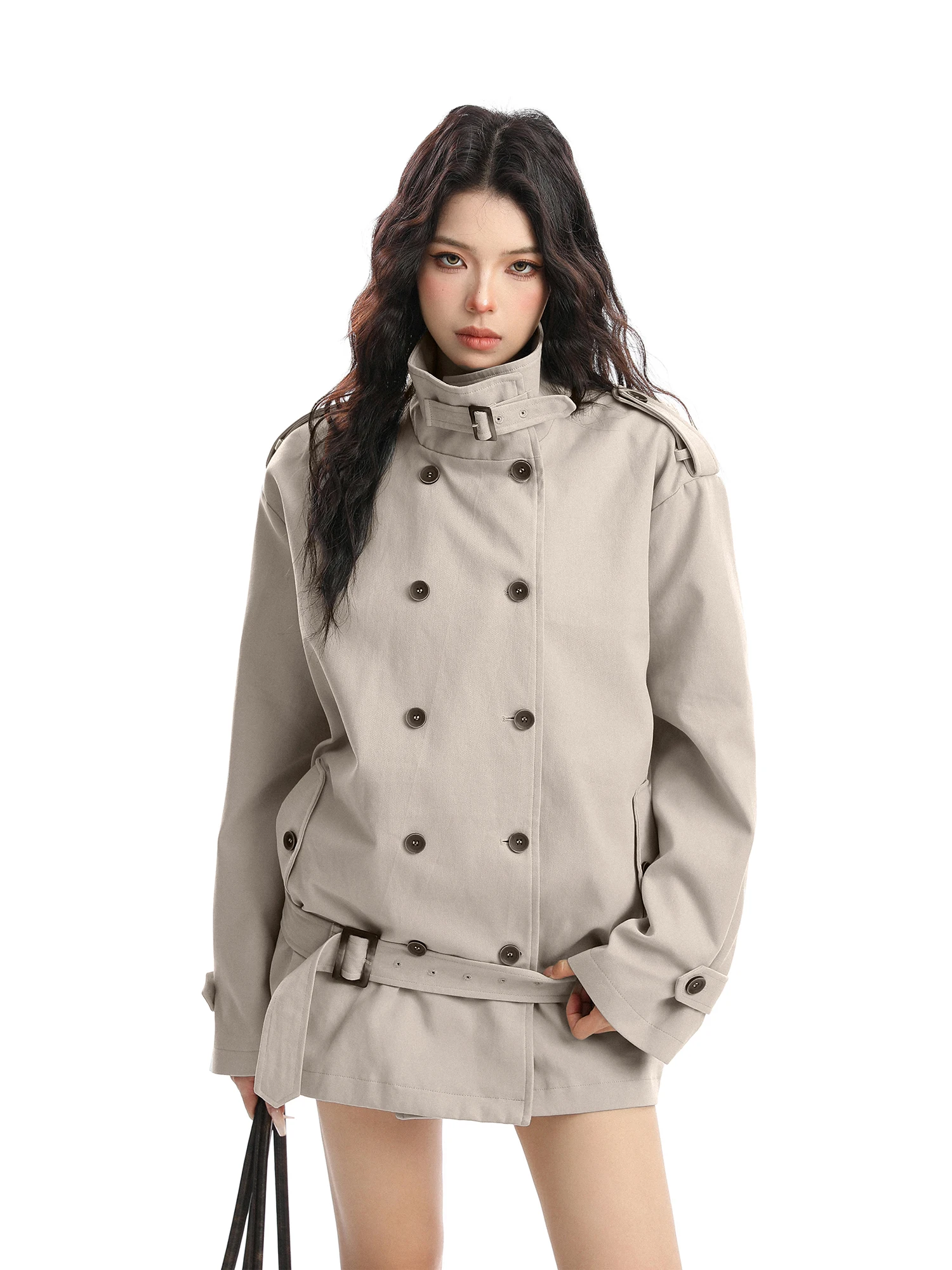 

Soft Silhouette Double-Row Button Stand Collar ort Coat Women's Autumn High nce Feeling Big Coat Ins Sle Korean ...