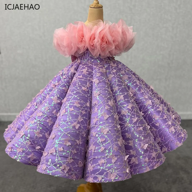 Icjaehao Sequin Butterfly Children Girls Princess Dress Flowers Tulle Performance Costumes Summer New Birthday Fluff Kid Clothes