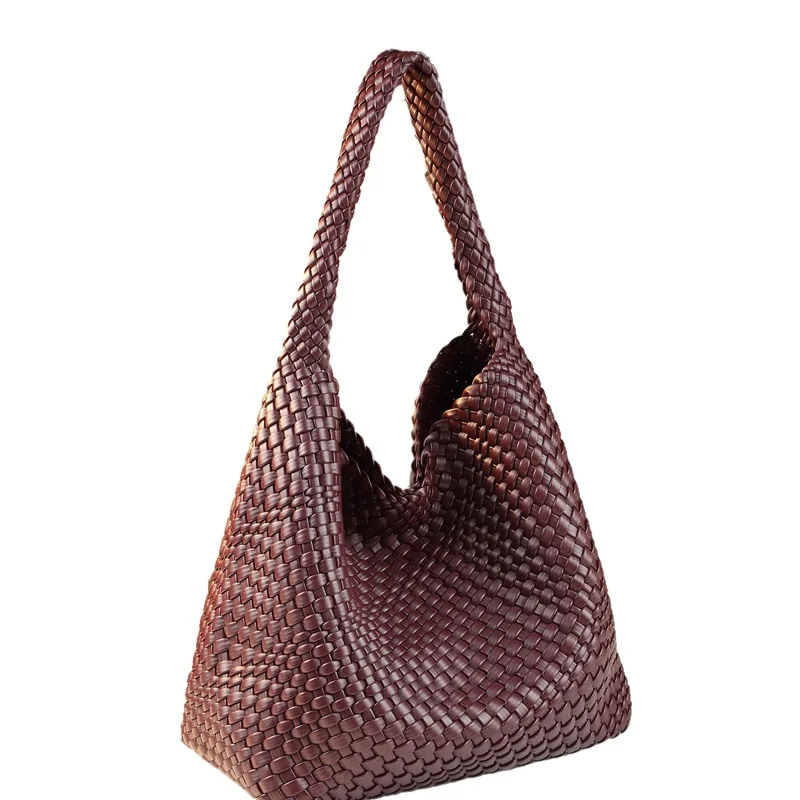 Heavy-duty checkered woven tote bag with open top, casual style shopping and travel, large capacity minimalist underarm bag