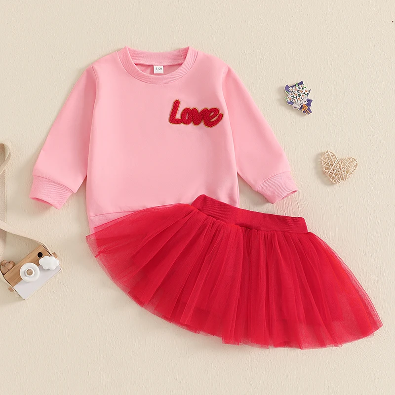 2-Piece Little Girls Set Long Sleeve Letter Embroidered Sweatshirt Puffy Gauze Skirt Valentine's Day Outfits