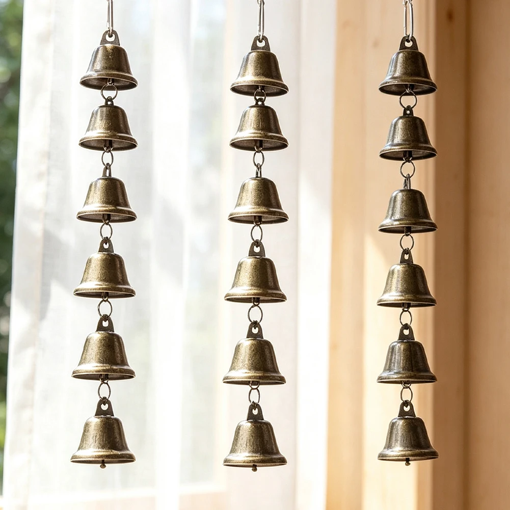 D9 Rustic Wind Chimes Hanging Lucky Metal Music Bell Chains Pendant +6 Hanging Bells Swivel Hook Window Garden Feng Shui Decor