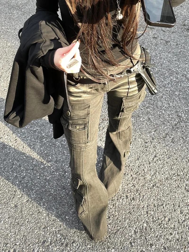 

Американские женские брюки-карго в уличном стиле, с множеством карманов, рабочие, летние, утягивающие, микро-клеш, джинсы в пол