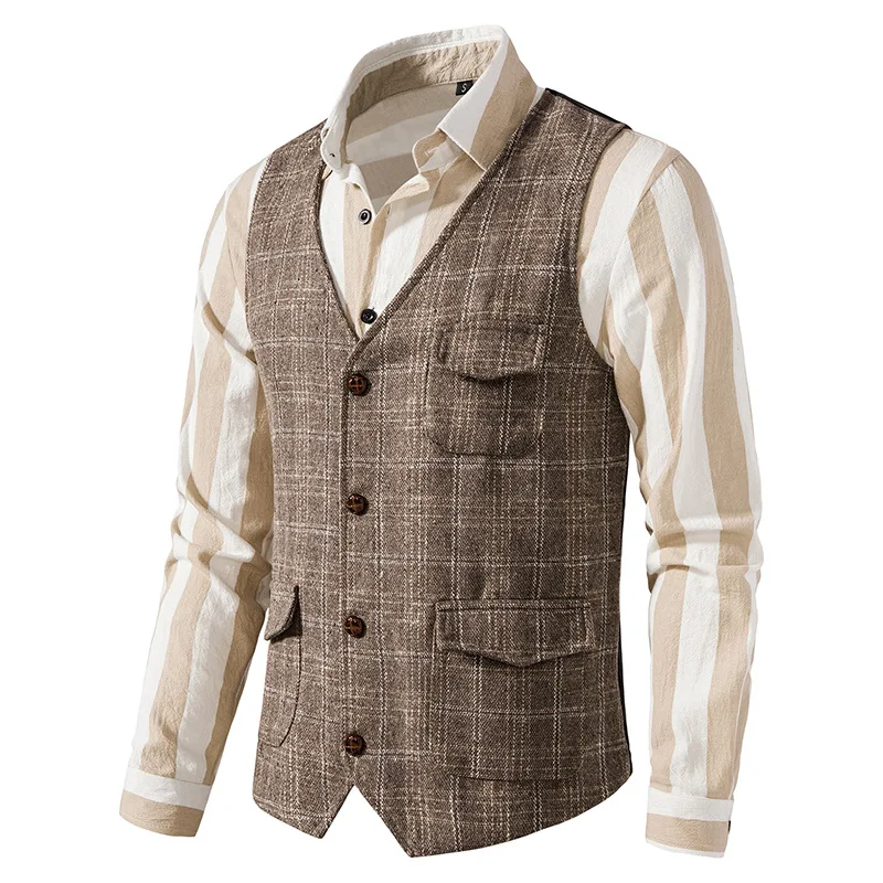 Vintage Suit Vest Plaid Tweed Vest Men Regular Fit Waistcoat for Wedding Groomsmen Casual Sleeveless Jacket