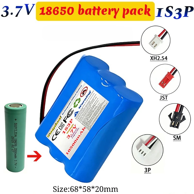 2026 3.7V 1S3P 18650 10500mAh battery with SM/XH2.54/3p/XH2.0/JST connector, with BMS protection plate, headlight, speaker