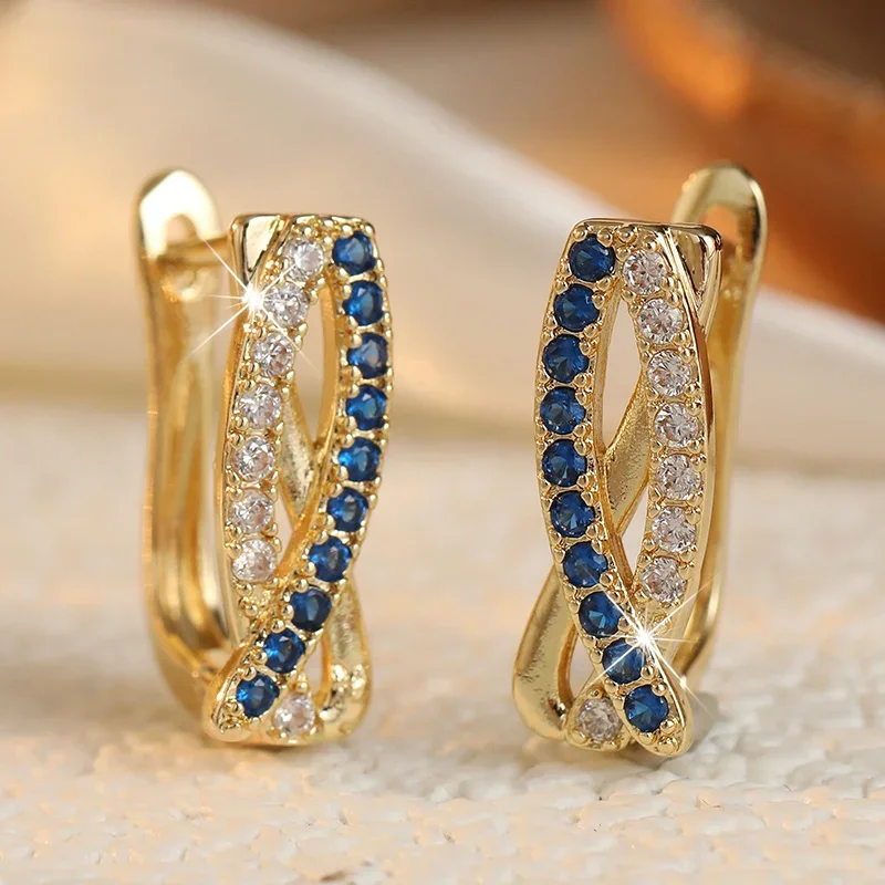 Shining Blue White Interwoven Zircon Earrings Luxury Sparkling Golden Plated Women's Earrings Fashion Jewelry Accessory