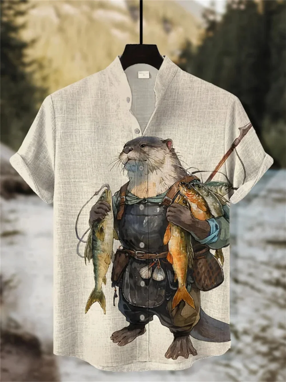 

Men's Summer Outdoor Short Sleeve Linen Shirt Fashionable Stand up Collar Japanese Retro Samurai Cat Print Open Style