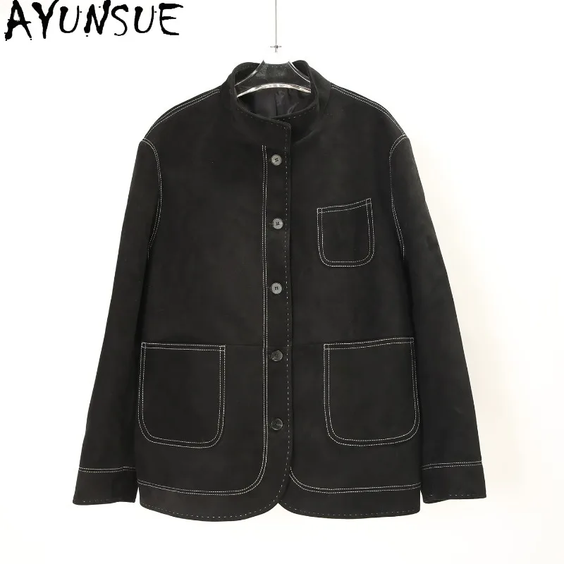 AYUNSUE Women's Sheepskin Jackets Lapel Real Leather Suede Jackets for Woman Casual Fashion Black Tops Woman Clothes Ropa Mujer