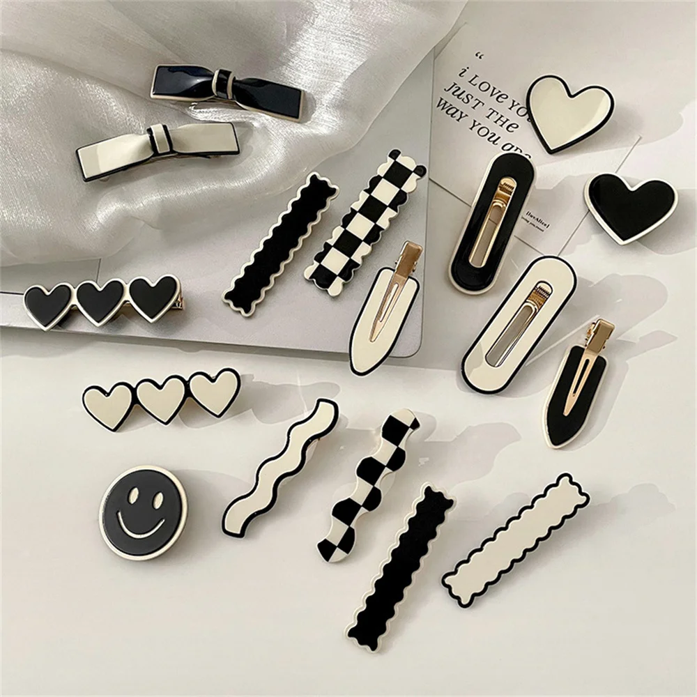 Women Elegant Black White Checkerboard Geometric Hairpins Sweet Side Hair Clips Barrettes Fashion Hair Accessories