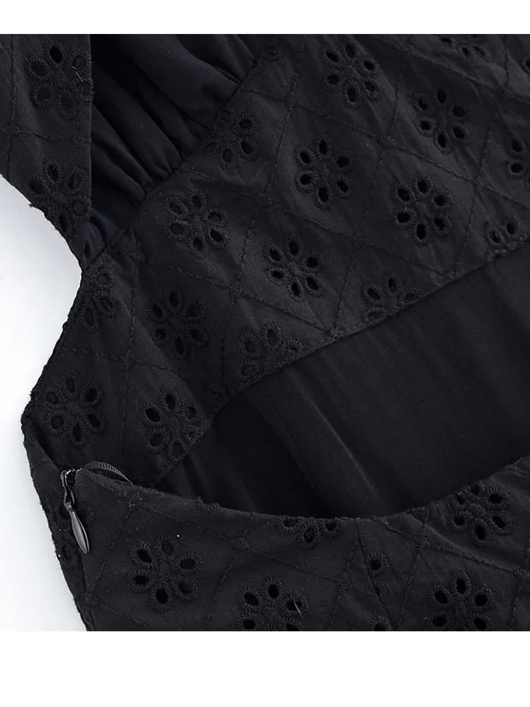 Women Summer MIDI Tank Dress 2025 Vintage Solid V-Neck Embroidery Hollow Out Female Elegant Street Dresses Clothing