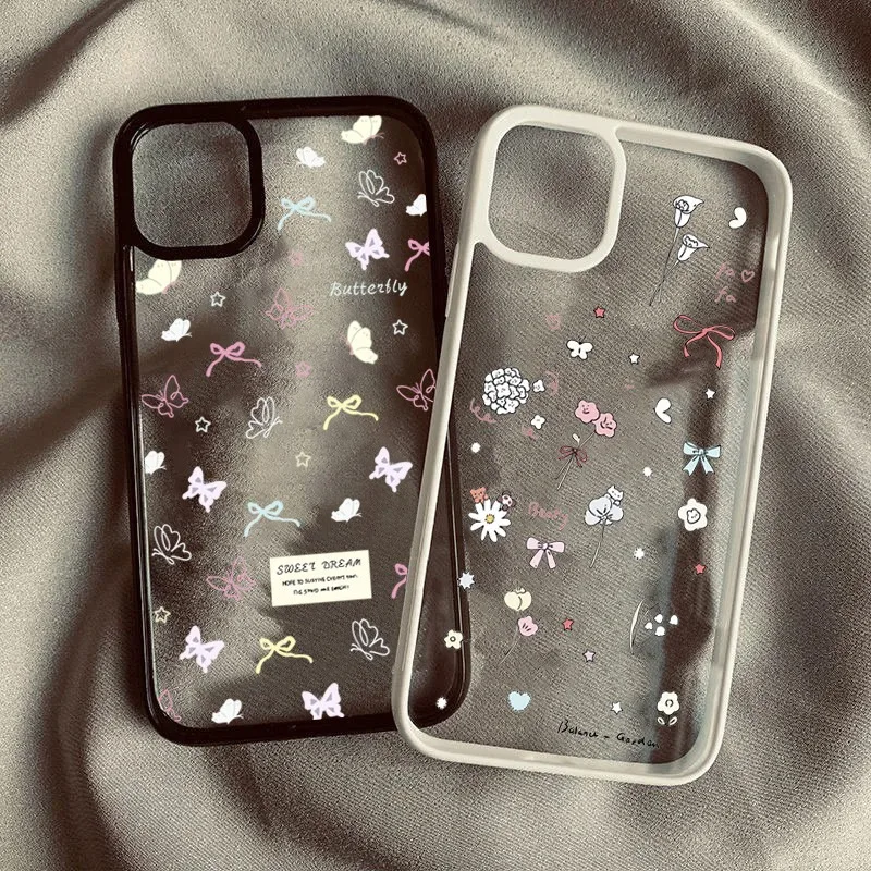 

For iPhone 15 16 Pro Max Cases Colorful Flower Bow Clear Cover For iPhone 14 13 12 11 Pro XR XS Max 7 8 Plus SE2 Hard Cover