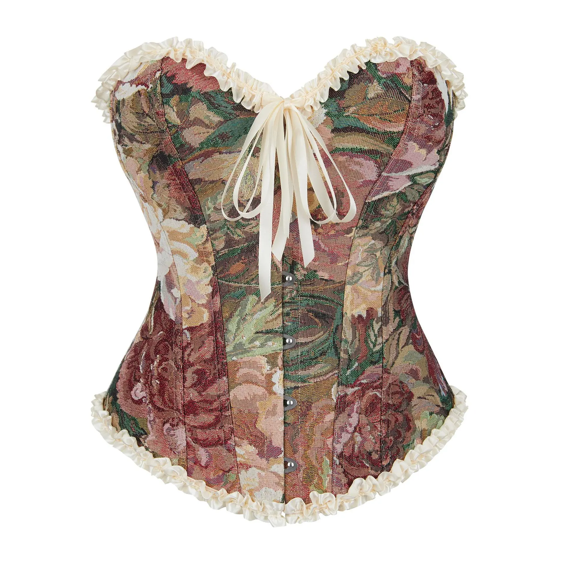 Women Vintage Floral Jacquard Overbust Corset Sweetheart Ruffle Bow Front Busk Back Lace Up Halloween Evening Party Wear
