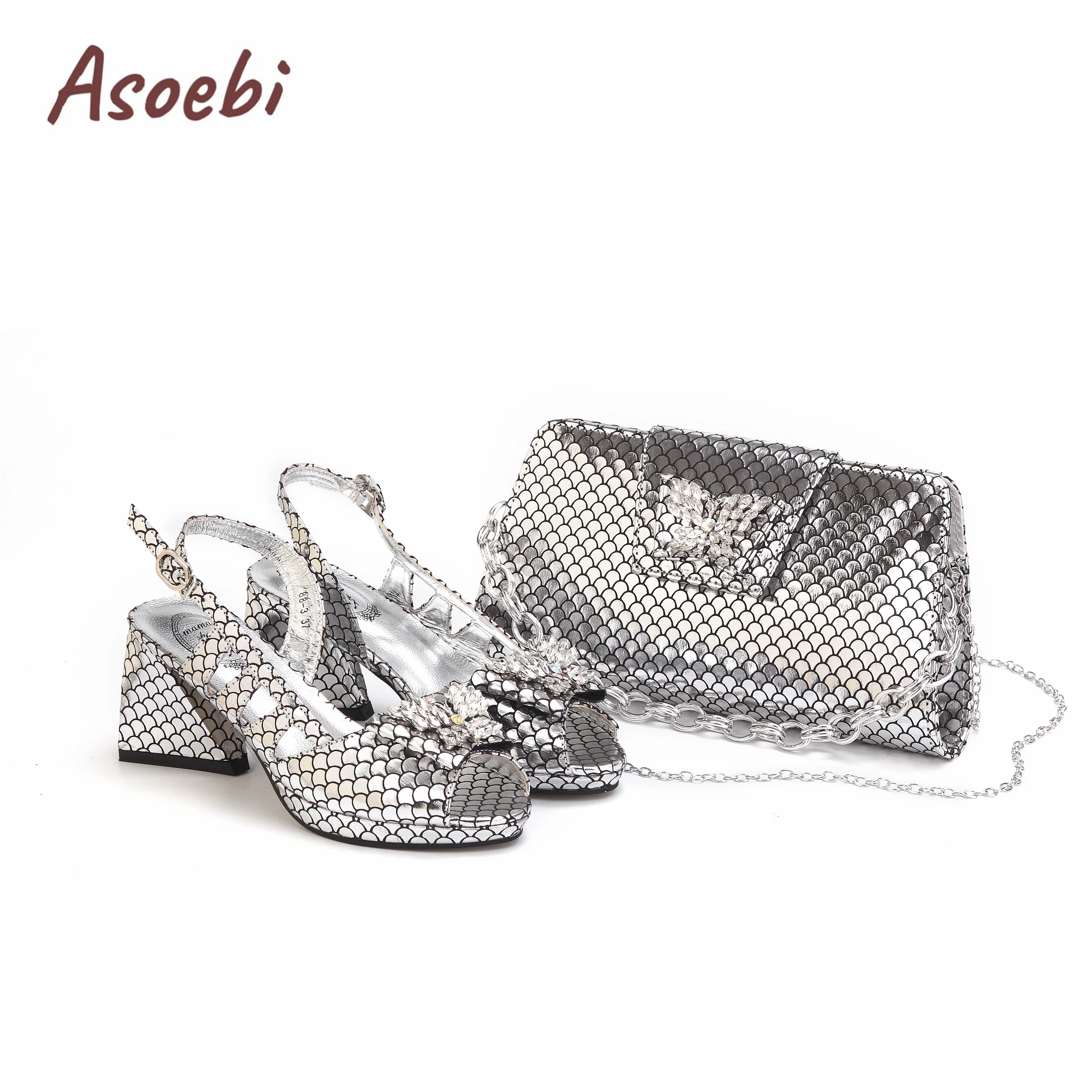 Silver Color New Fashion Hollow Fishscale Design Ladies Peep Toe Hollow Shoes Matching Bag Set For Party