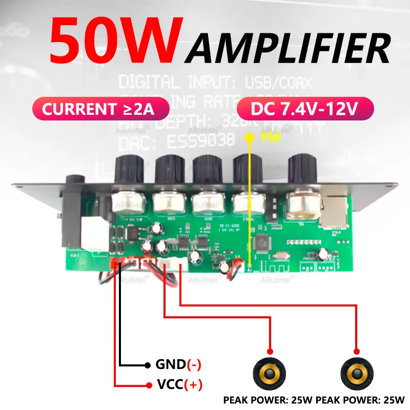 50W Car Equalizer Amplifier Module Board 2*25W Amplifier with Bluetooth DC 7.4V-12V FM USB TF AUX