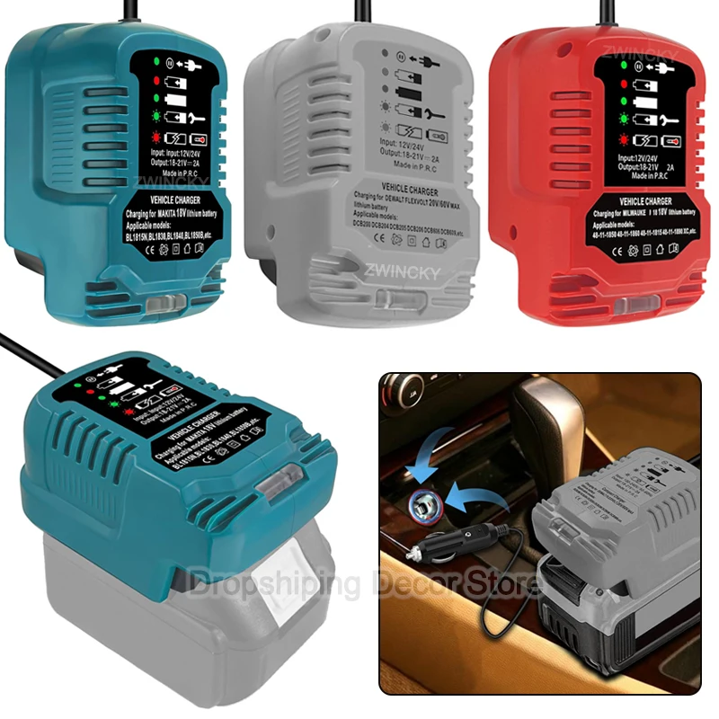 makita 18v to 12v cigarette DC 12V/24V Li-ion Battery Mini Compact Car Charger Cigarette Lighter Plug  With LED For Makita/Dewal/Milwaukee/Bosch/Einhel 18V