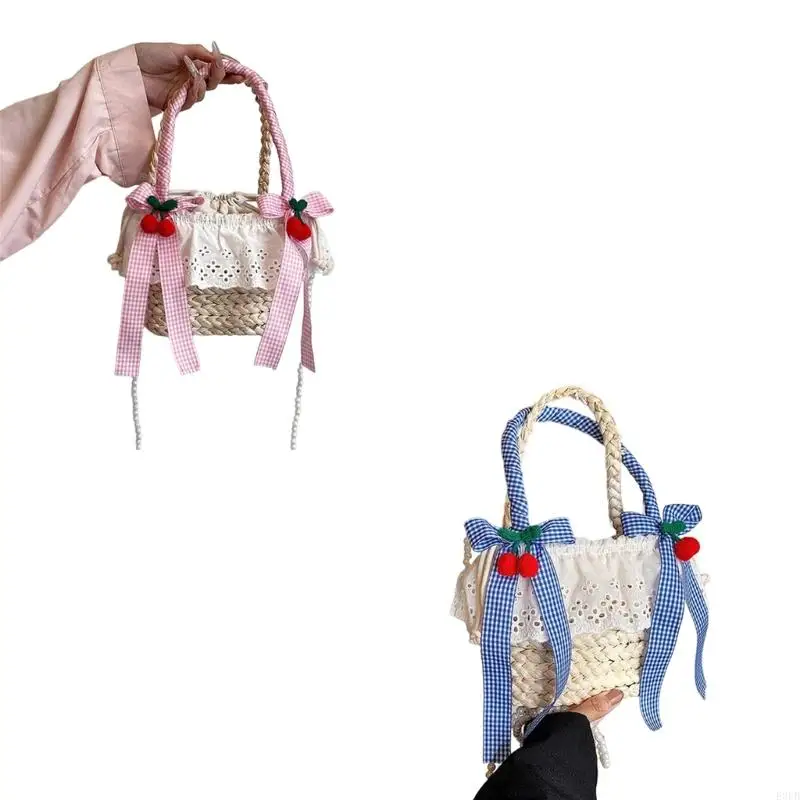 

E8FB Woven Straw Drawstrings Bucket Bag Sweet Bowknot Ruffle Lace Beach Holiday Handbag with Top Handle Pearl Chain for Women