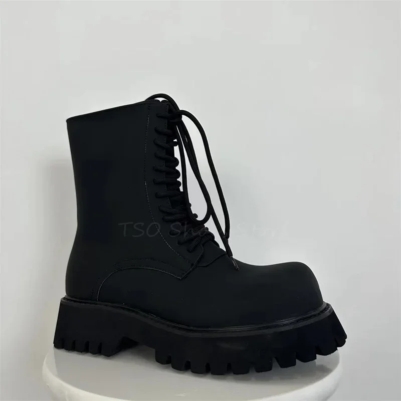 Big Toe Black Boots 2023 New Unisex British Round Toe Short Boots Thick Soled Zipper Lace Up Chelsea Boots Mid Booties Shoes