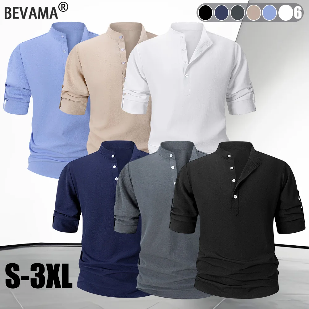 Men's Linen Shirt Henley Neck Casual Short Sleeve Solid Color Stand Up Collar Button Shirt Spring Autumn Breathale Beach Tops