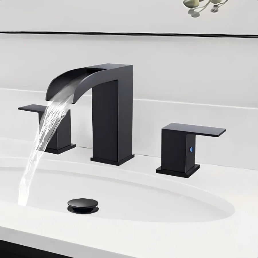 

Black Bathroom Sink Faucet 3 Hole Waterfall Bathroom Faucet 8 Inch Widespread Matte Black Faucet Bathroom 2Handles Modern Vanit