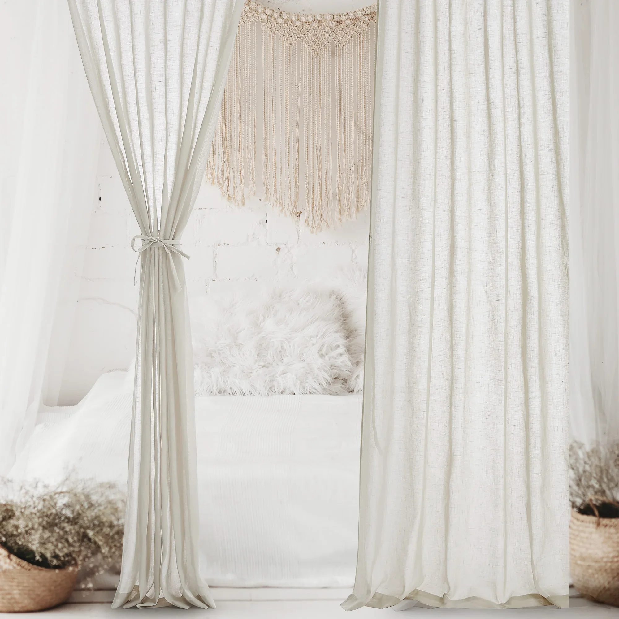 RYBHOME 1pc Sheer Window Curtains with Tie Up for Canopy Bed Curtain Household Bedroom Floor To Ceiling