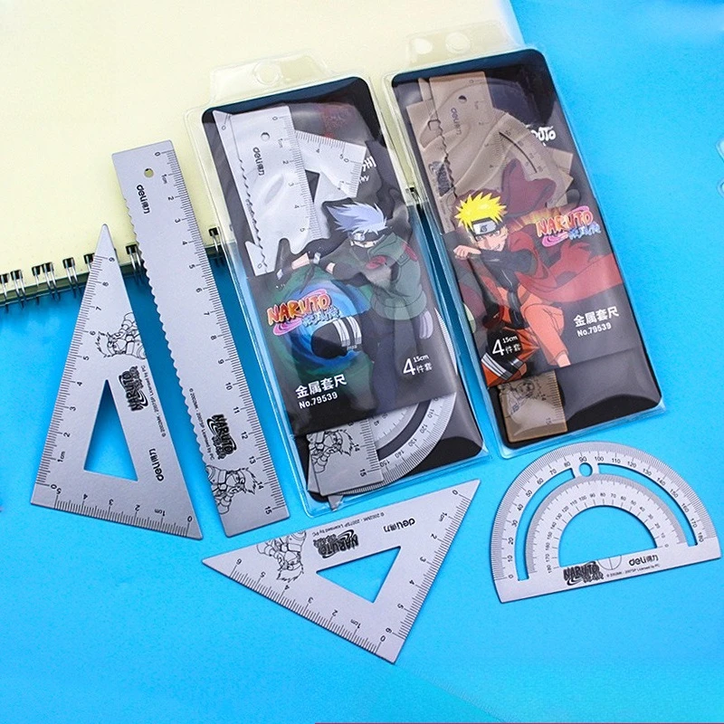 NARUTO Uzumaki Naruto Uchiha Sasuke Metal Set Ruler Drawing Four-piece Set High Value Creative Ruler Triangle Plate protractor