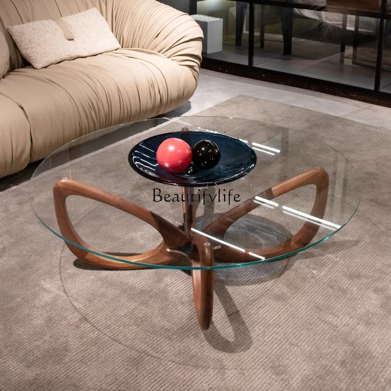 

yj21 Nordic simple modern style small apartment living room solid wood ash wood tempered glass round coffee table