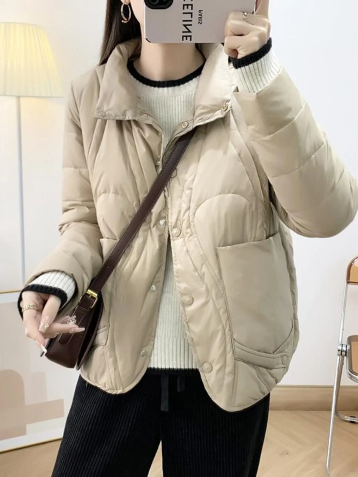 

Faionable White Du down Jaet Women's Retro Sle Warm Stand Collar Quilted Coat Ele Aesthetic Value