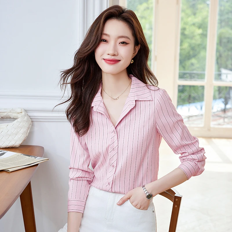 NAVIU Pink Stripes Shirt Women New 2023 Autumn Fashion Temperament Formal Long Sleeve Slim Blouses Office Ladies Work Tops White