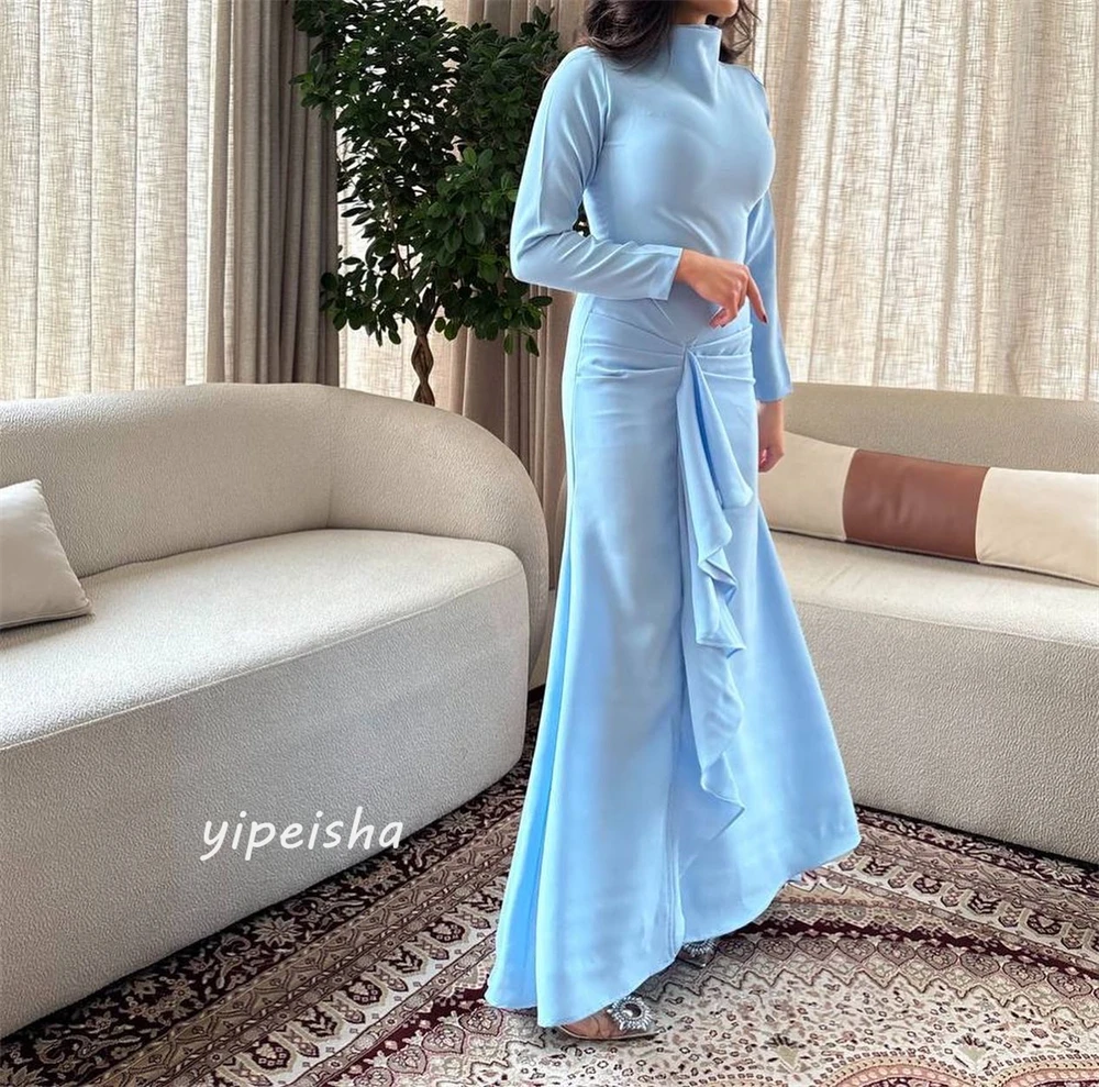   Jersey Pleat Draped Ruched Engagement A-line High Collar Bespoke Occasion Gown Long Sleeve Dresses