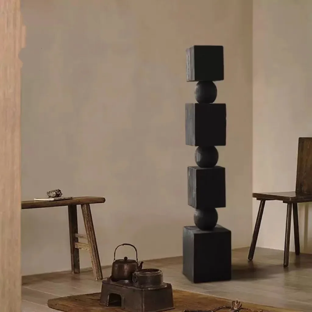 HT  Solid wood abstract sculpture ornament Large floor-to-ceiling vertical height Slender column Entrance wood carving