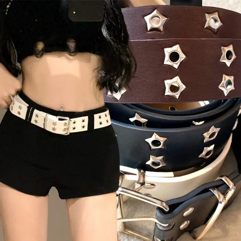 

Ремень из искусственной кожи Spicy Girls Hollow Star, черно-белый, с двойным рядом пряжек, для джинсов, юбок, декоративный, в стиле джаз