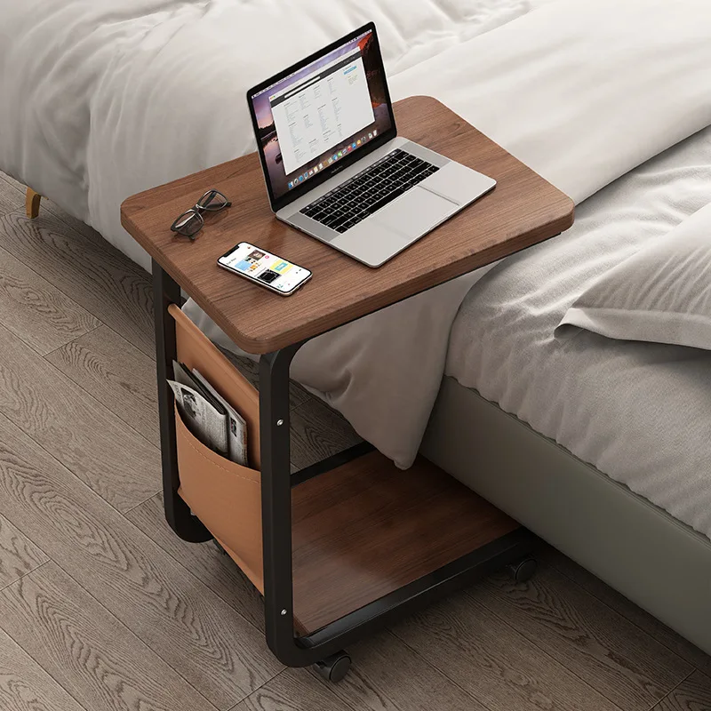 C-Shaped Mobile Coffee Table Rollers Carbon Steel Frame Mdf Square Top Storage Side Laptop Use Beside Sofa Or Bed In Living Room