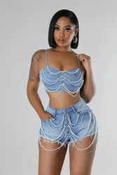 Sexy Jean 2 Piece Sets Women Outfit Summer Clothes Women 2024 Strapless Pearl Beading Top and Shorts Sets Street Denim Woman Set