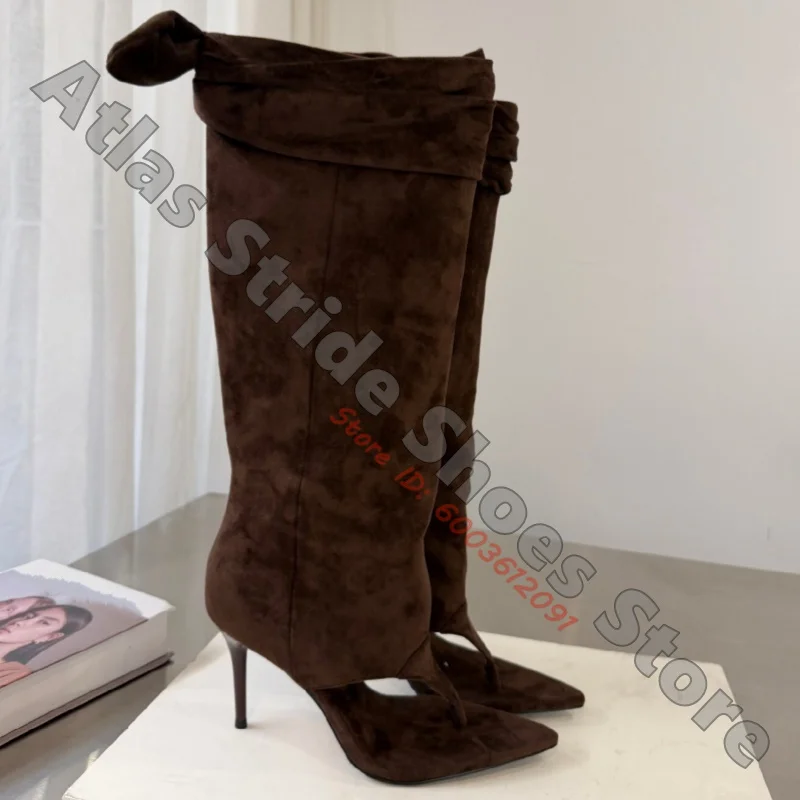 Brown Suede Slouchy Knee High Boots Pointed Thong Toe Stiletto Heel Fold Over Shaft Design Fashion Party Sandal Boots