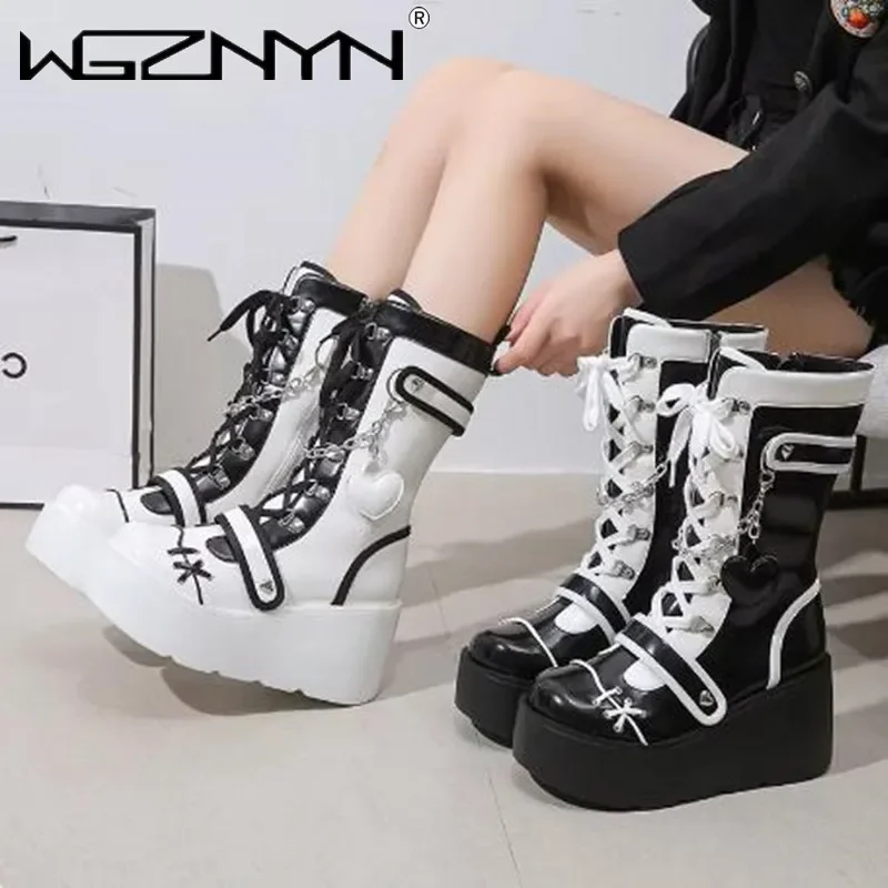 2024 Kawaii Sweet Gothic Platform Mid Calf Boots Women Street Autumn Wedges High Heels Punk Boots Girls Cute Cosplay Women Shoes