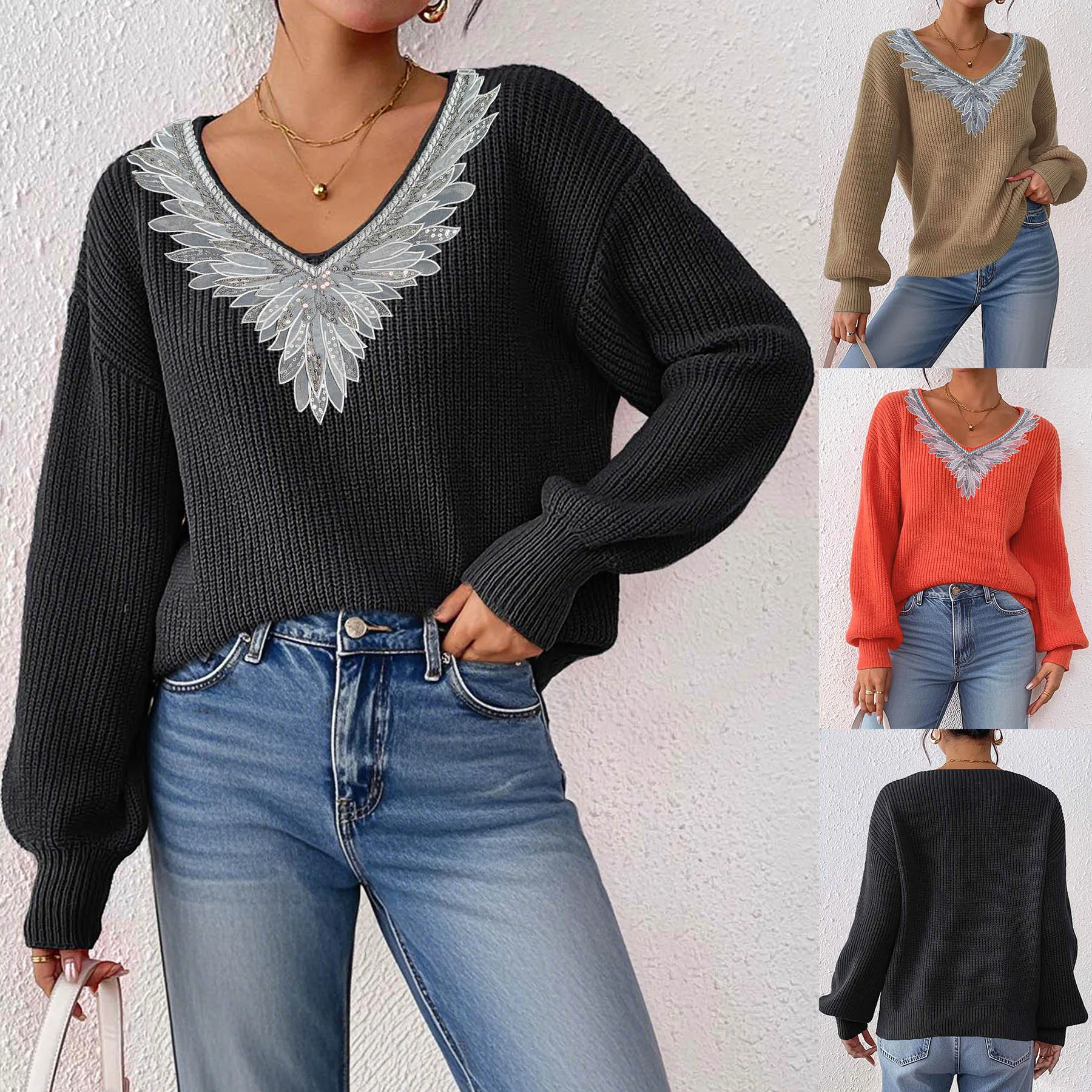 

Y2K Fall/Winter Women's Knitwear Fashion Long-Sleeve Top Lace V-Neck Pullover Casual Loose-Fit New Sweater Traf Zara 2025