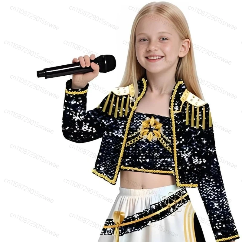 أزياء الأطفال التأثيرية K-Pop شيطان الصيادين رومي ميرا كرنفال حفلة الفتيات الزي البوب المغني الملابس نسيج الذهب الأسود