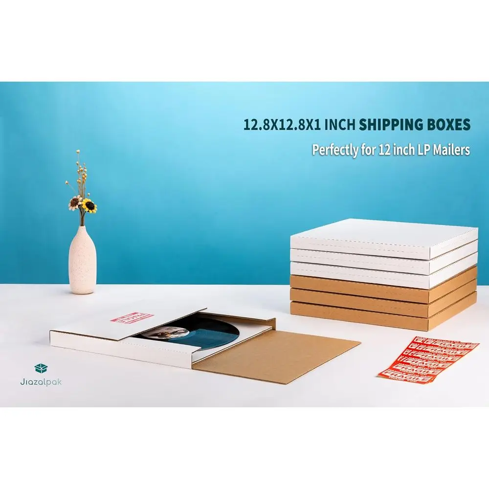 Caixas de Envio para Discos de Vinil de 12 Polegadas, 50 Unidades, 12.8x12.8x1 Polegadas, Envelopes Resistentes de Várias Profundidades com Etiquetas Frágil, Brancas