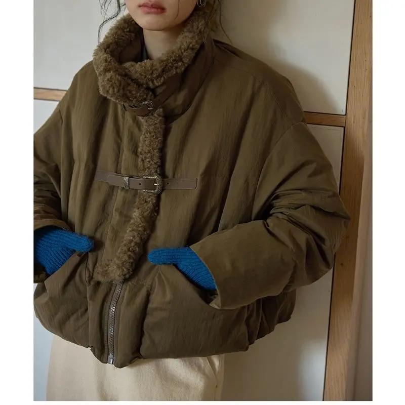 

Lamb Wool Jacket Hood Puffer Vest Padded Construction Quilted Design Zip-Through Front Practical Pocket Placement Winter Style