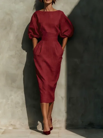 

Women Dress 2026 Spring Summer New Solid Color Boat Collar Long Sleeve Pocket Design Cinched Waist Casual A-Line Midi Dress