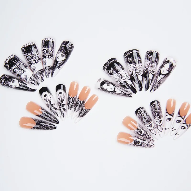 24 Stück Trendige Coole Schwarze Lange Stiletto Aufklebenägel Dunkler Comic Ins-Stil Französische Künstliche Nägel Tragbare Vollabdeckende Falsche Nagelspitzen – Detail 3