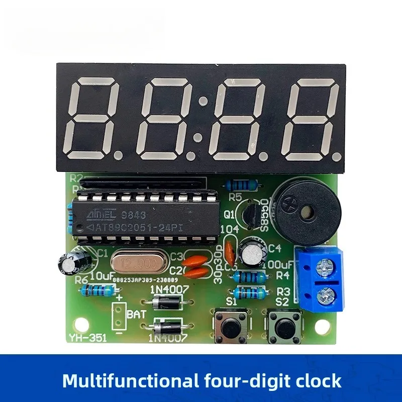 Practical 4-Digit Digital Clock Kit YH-351 - AT89C2051 MCU with Alarm, Countdown & Power-Off Memory for Electronics Hobbyists