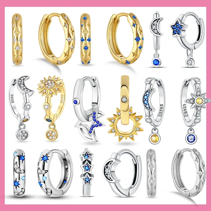 

925 Sterling Silver Sun Moon Star Blue Gold Silver Two-tone Sparkling Zircon Hoop Earrings for Women Fine Jewelry Trendy Gifts