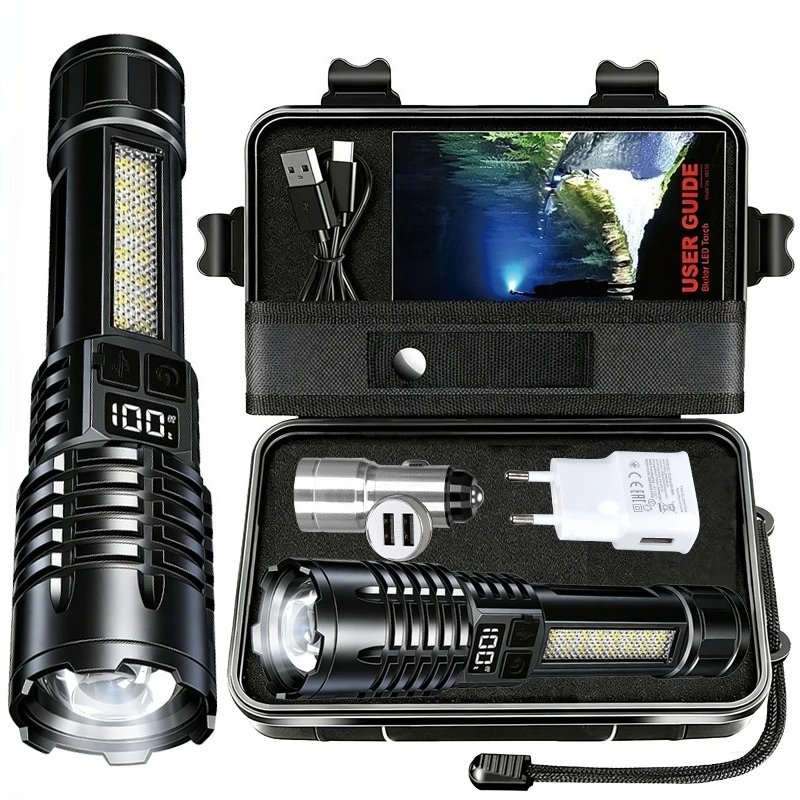 Powerful LED Zoomable Tactical Flashlight USB Rechargeable Emergency Torch with Power Display for Outdoor Camping Adventure Lamp