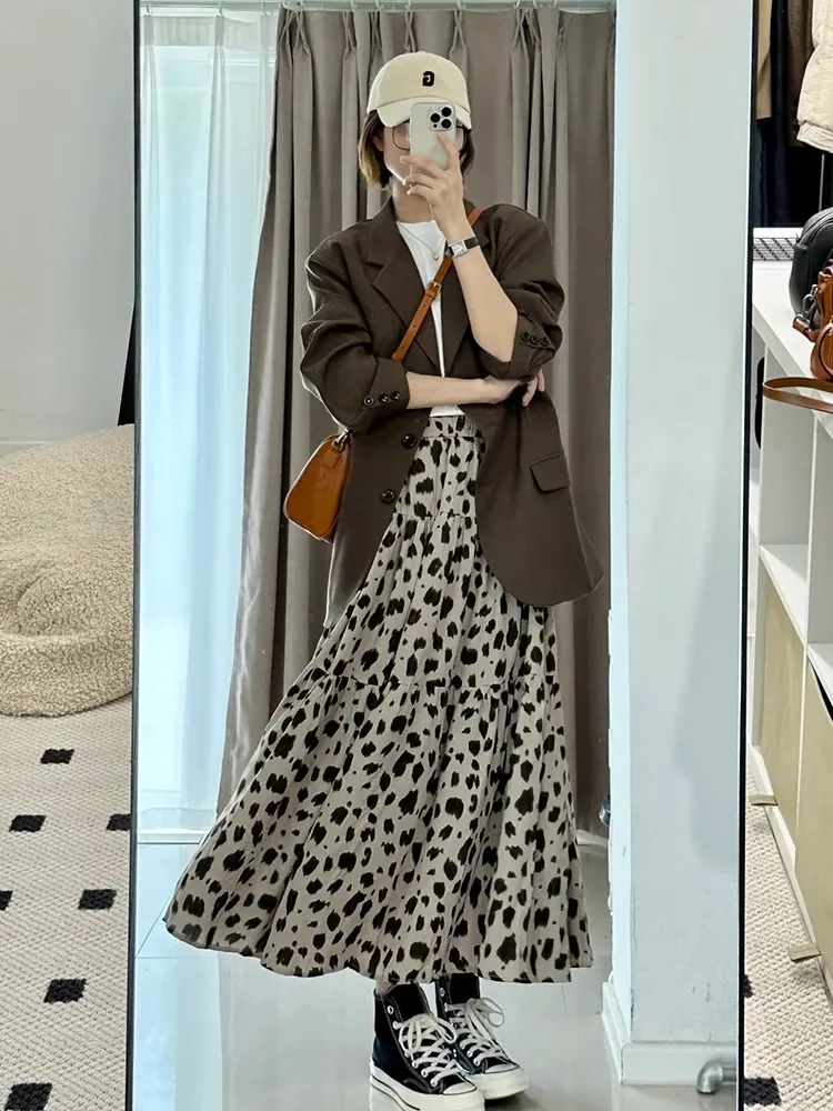 

Korean Sle Women's Suiting Jaet And Leopard Print Skirt Set High End Vintage Outerwear Autumn Collection Long Sve