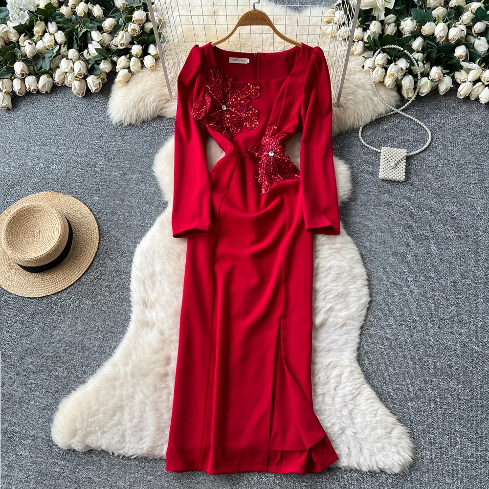 ชุดเดรสยาวปักลายสไตล์วินเทจเก๋ไก๋ แฟชั่นเกาหลี เสื้อผ้าผู้หญิงสำหรับฤดูใบไม้ร่วง ชุดสำหรับงานพิธี