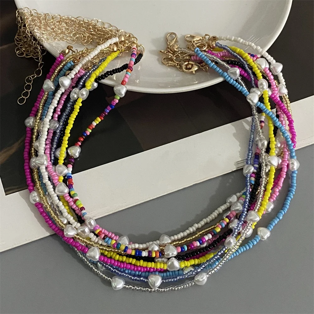 Cute Love Heart Imitation Pearl Choker Necklace Tiny Glass Beads Short Necklace Fashion Handmade Gift Jewelry for Spring Summer