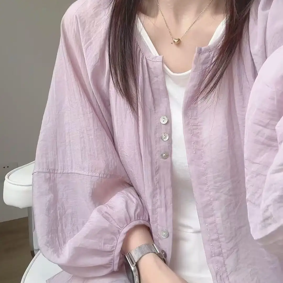 Stand Collar Shirt Crinkle Textured Fabric, Puff Three-Quarter Sleeves, Button Front Loose Fit Casual Cover Up Blouse