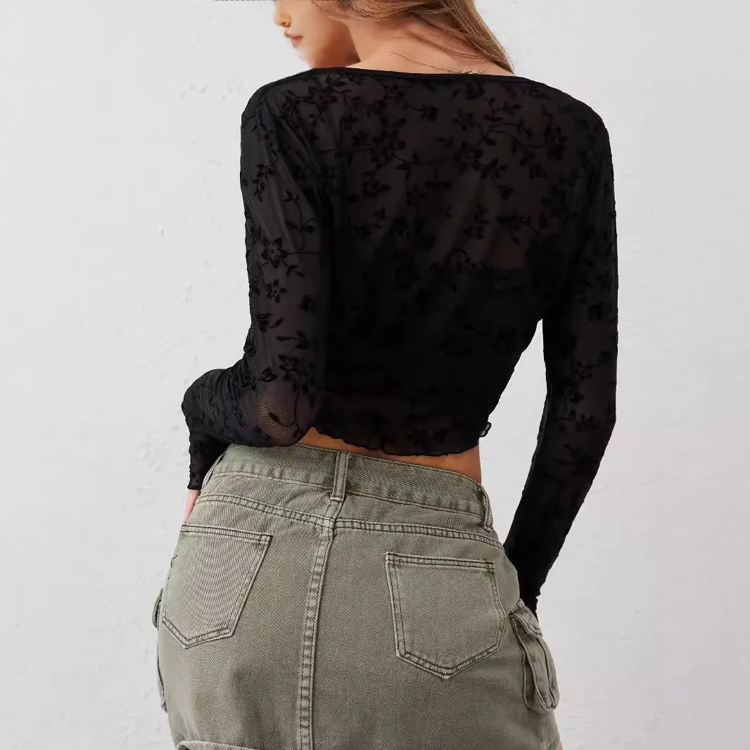 Elegant Woman Blouse Longsleeve Sheer Mesh Crop Blouses Women's V Neck Tie Front Top Black Slim Fit Olive Green Long Sleeve Top