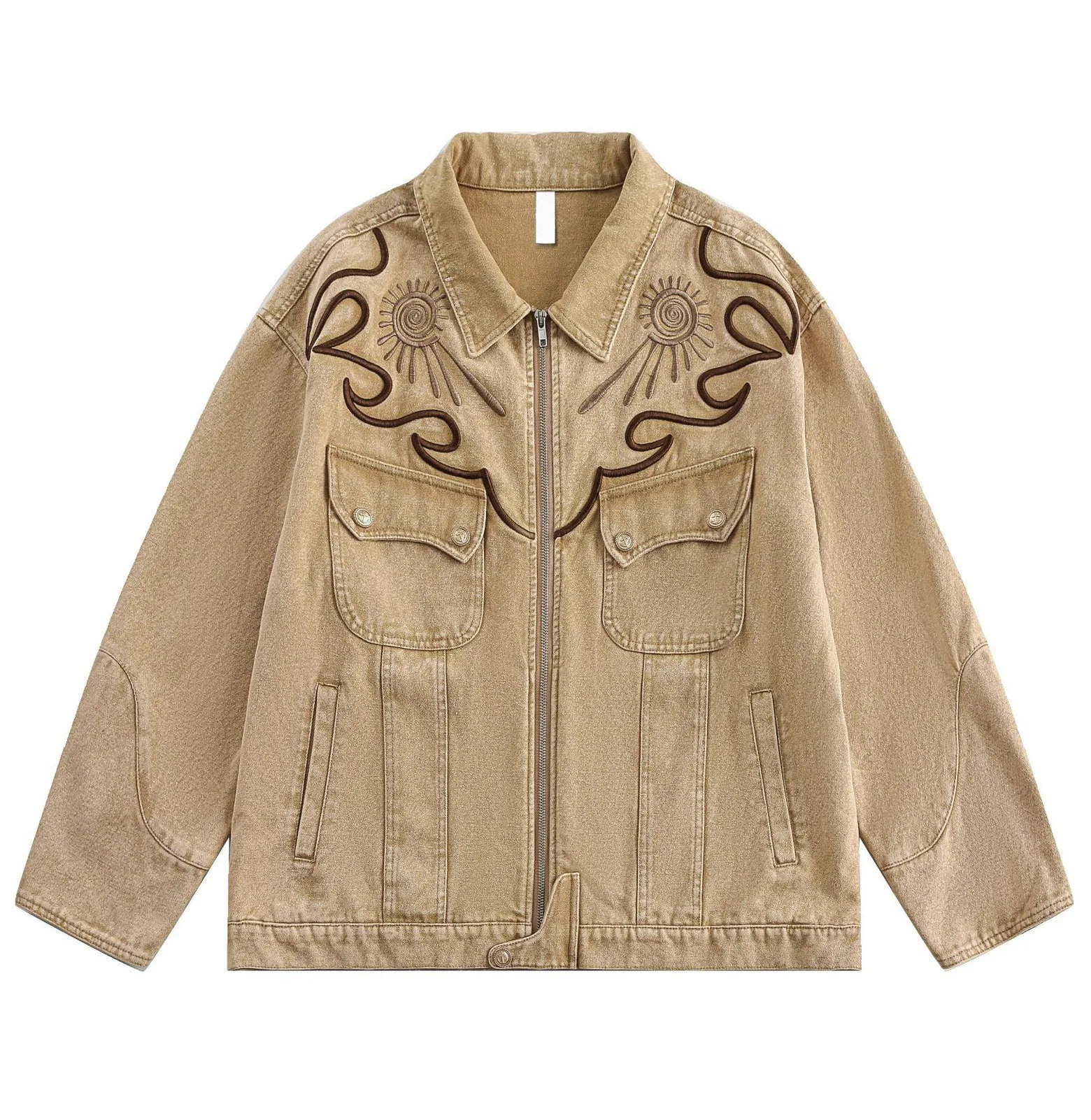 American Retro Embroidered Denim Jacket For Male Autumn New Casual Fashionable Street Style Men's Lapel Zipper Loose Coat