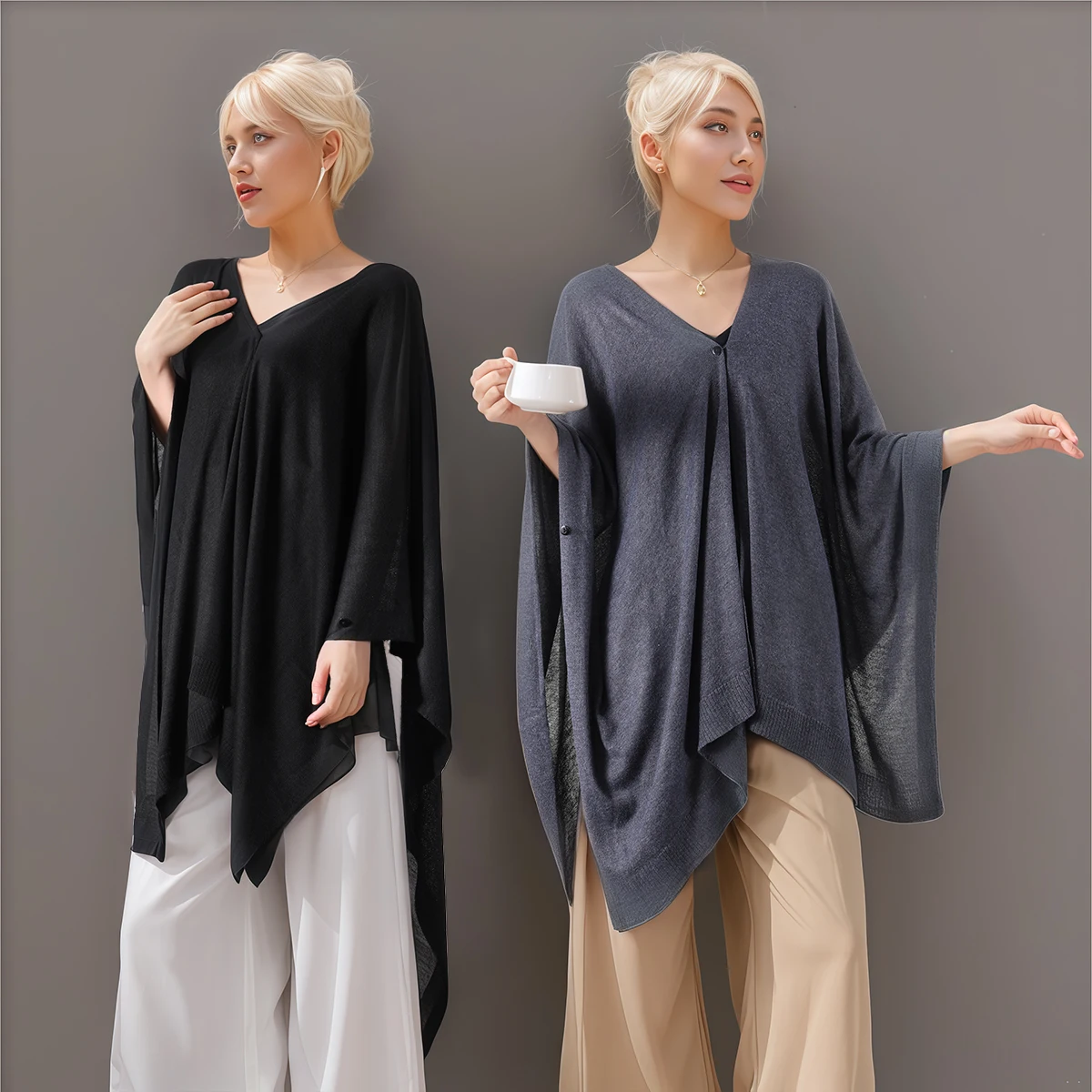 Women's lightweight knitted cape, irregular hem batwing sleeve cardigan, multifunctional shoulder wrap shawl
